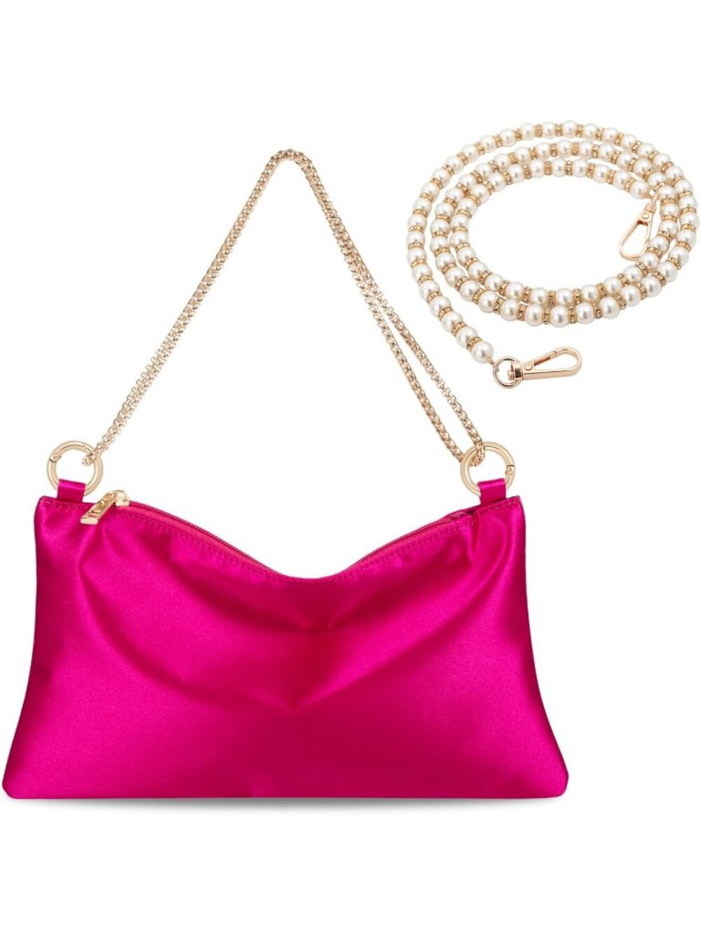 Women’s Pink Satin Evening Bag Clutch Purse with 2 Chain Formal Cocktail Party